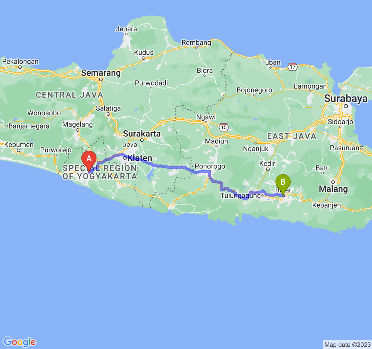 perjalanan dengan rute Kab. Bantul-Kota Blitar