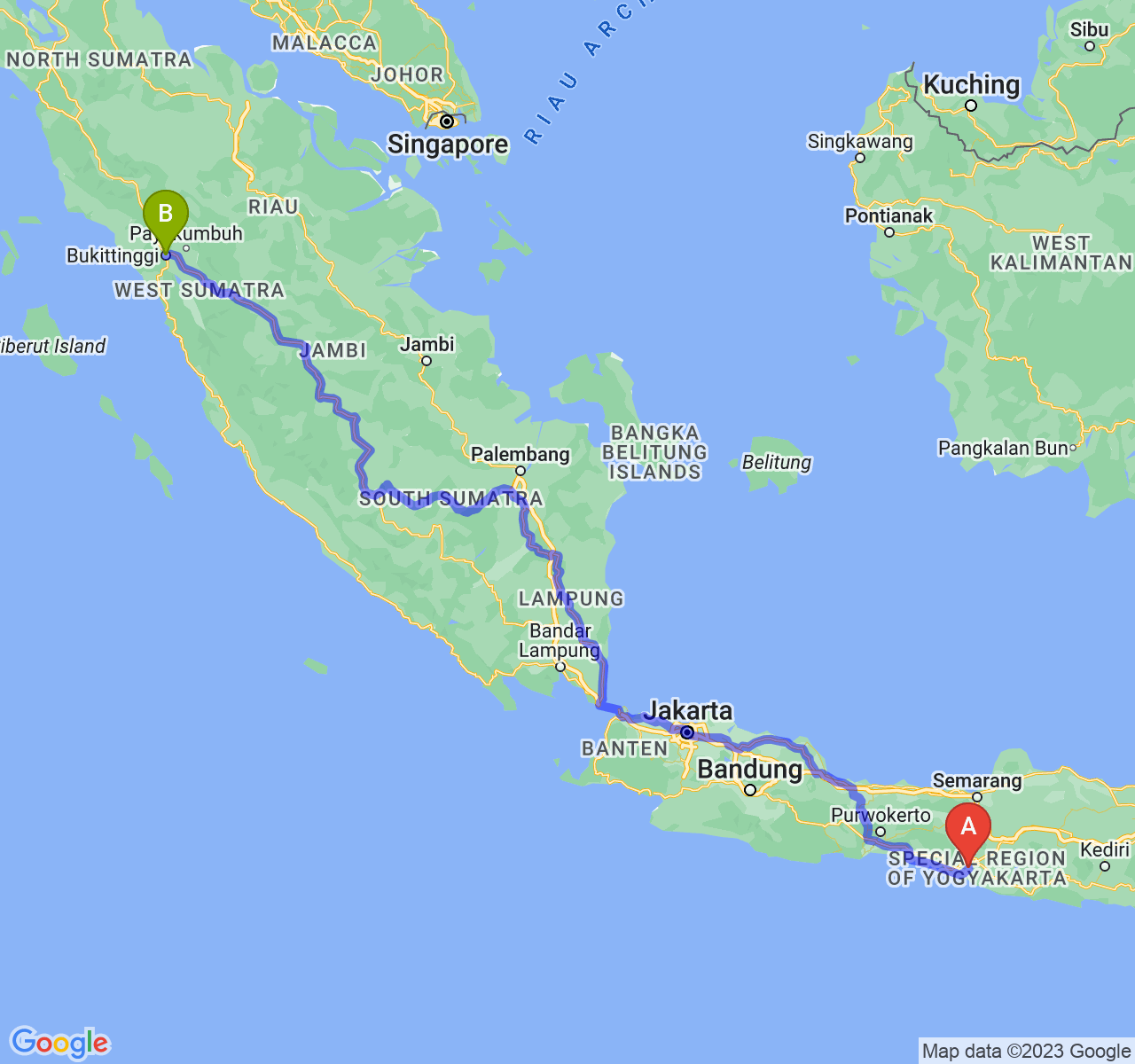 perjalanan dengan rute Kab. Bantul-Kota Bukittinggi