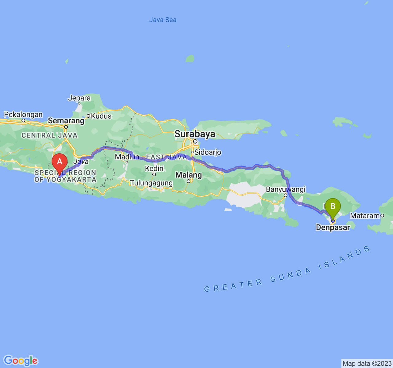 perjalanan dengan rute Kab. Bantul-Kota Denpasar