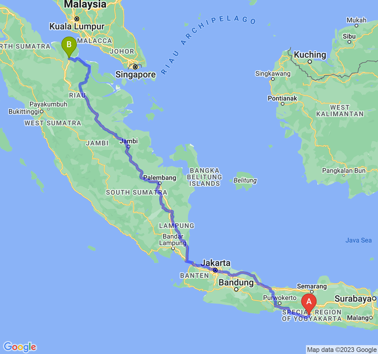 perjalanan dengan rute Kab. Bantul-Kota Dumai