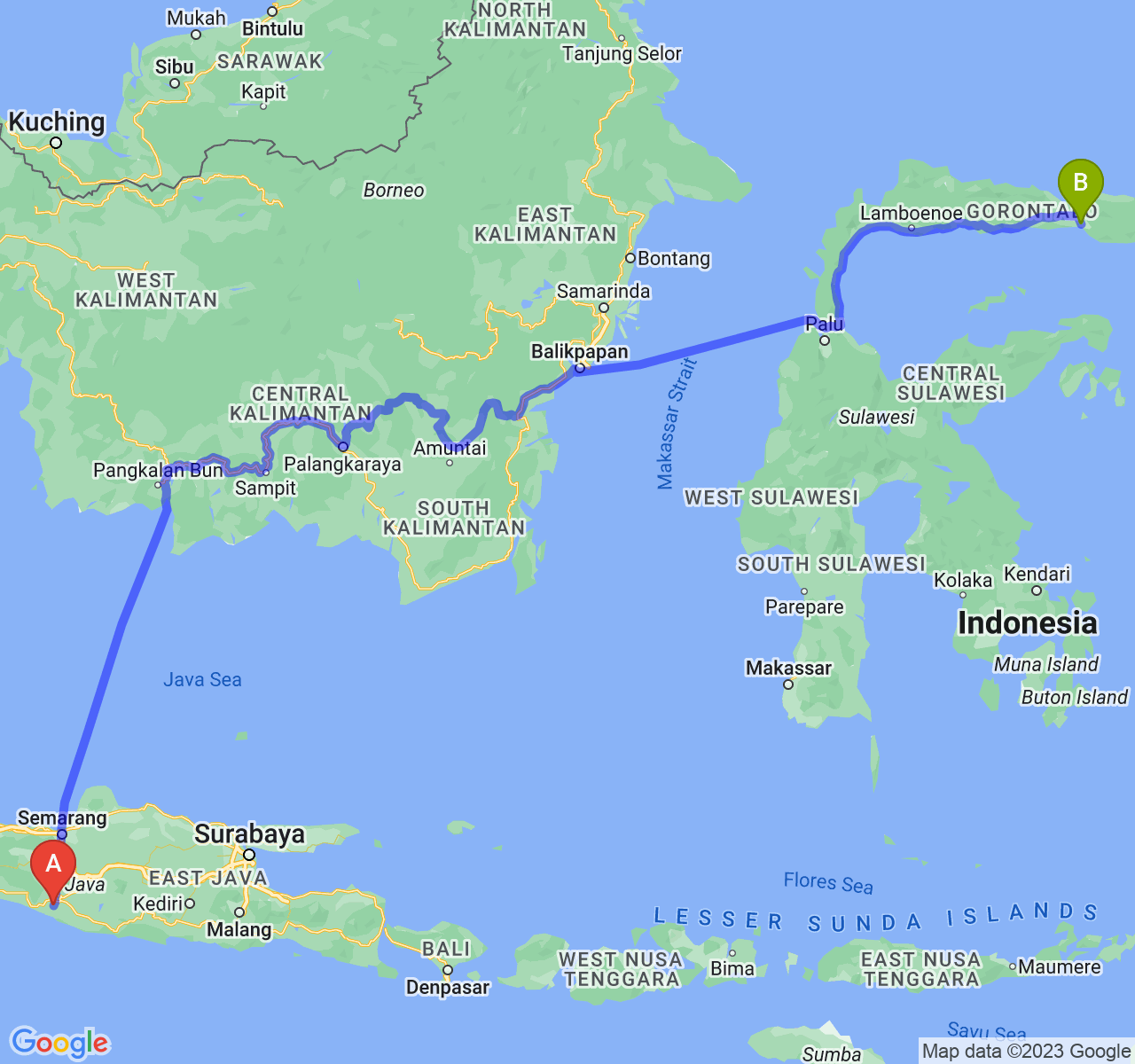 perjalanan dengan rute Kab. Bantul-Kota Gorontalo