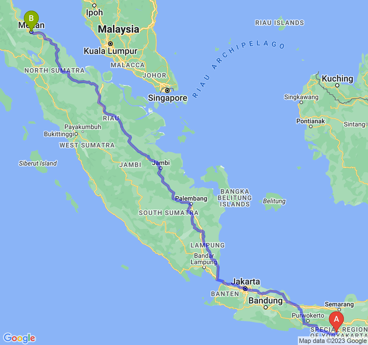 perjalanan dengan rute Kab. Bantul-Kota Medan