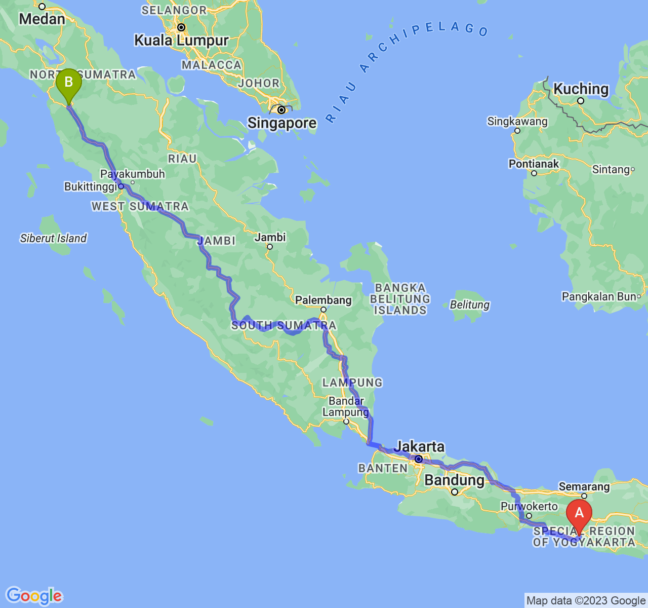 perjalanan dengan rute Kab. Bantul-Kota Padang Sidimpuan