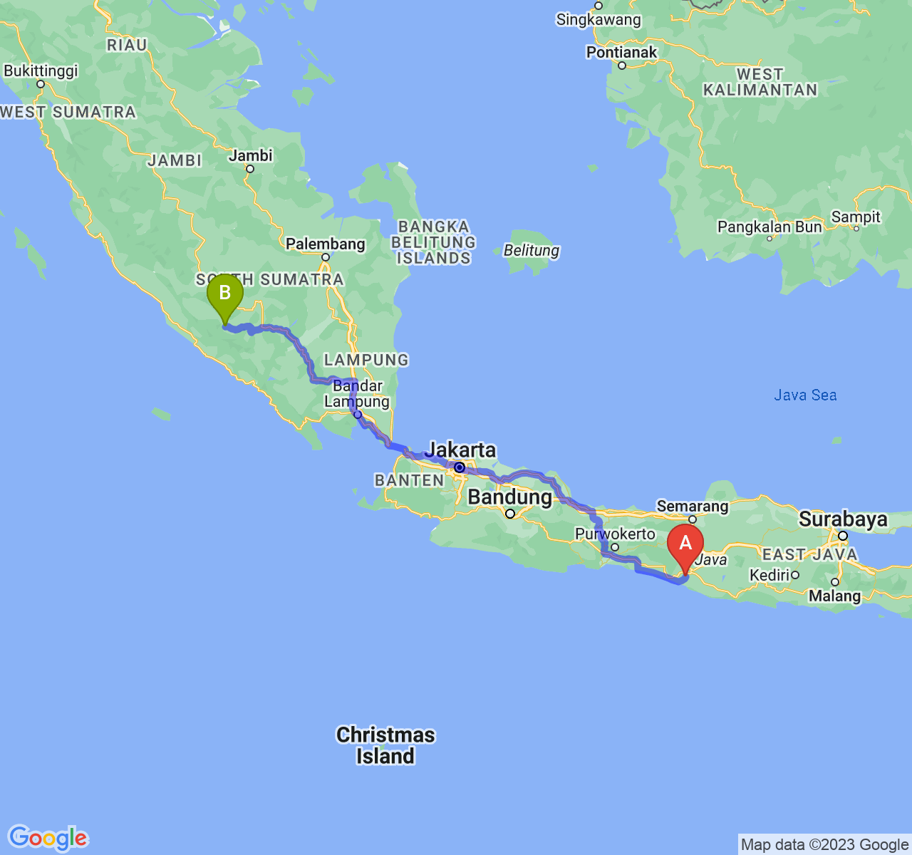 perjalanan dengan rute Kab. Bantul-Kota Pagar Alam