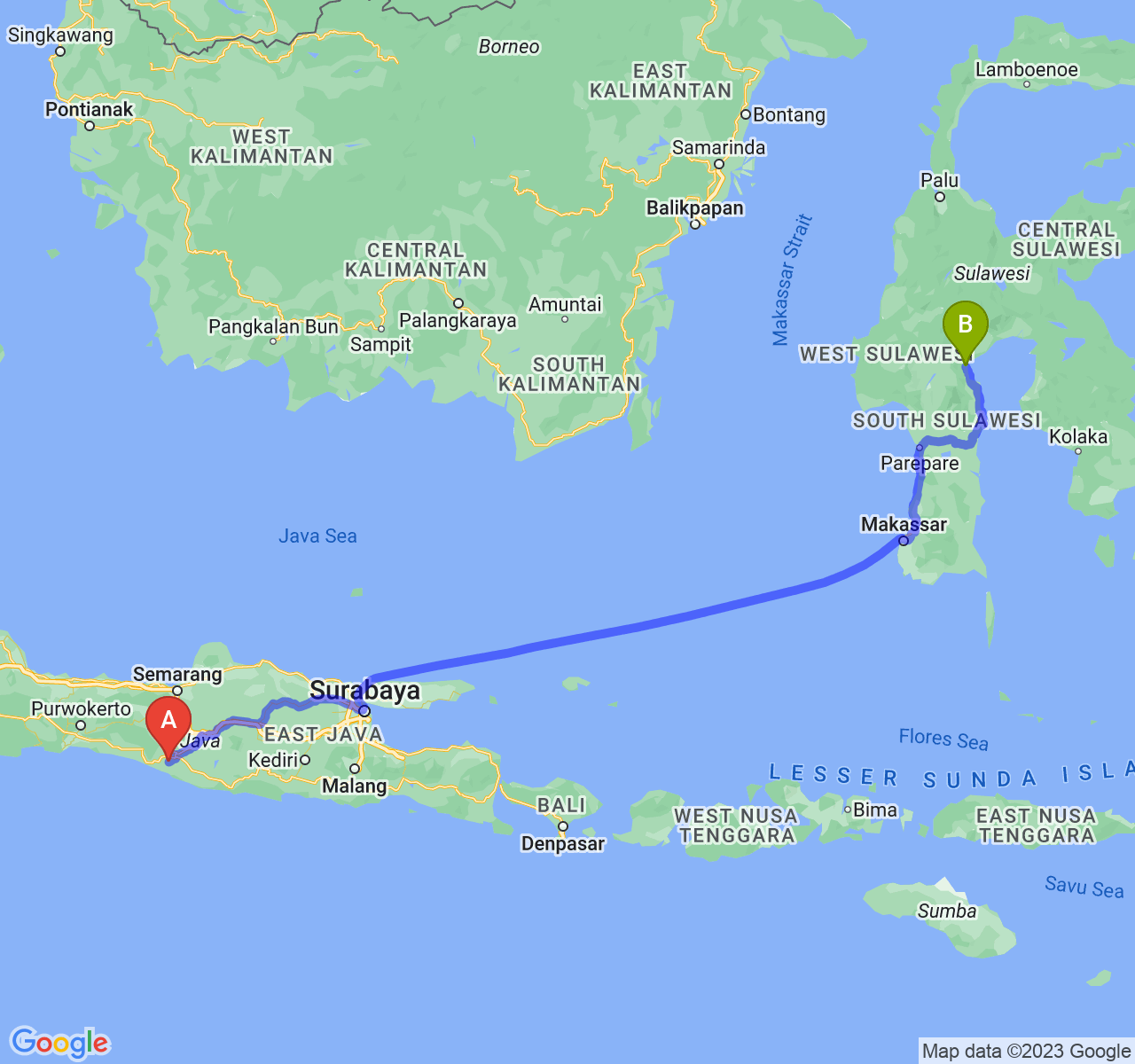 perjalanan dengan rute Kab. Bantul-Kota Palopo