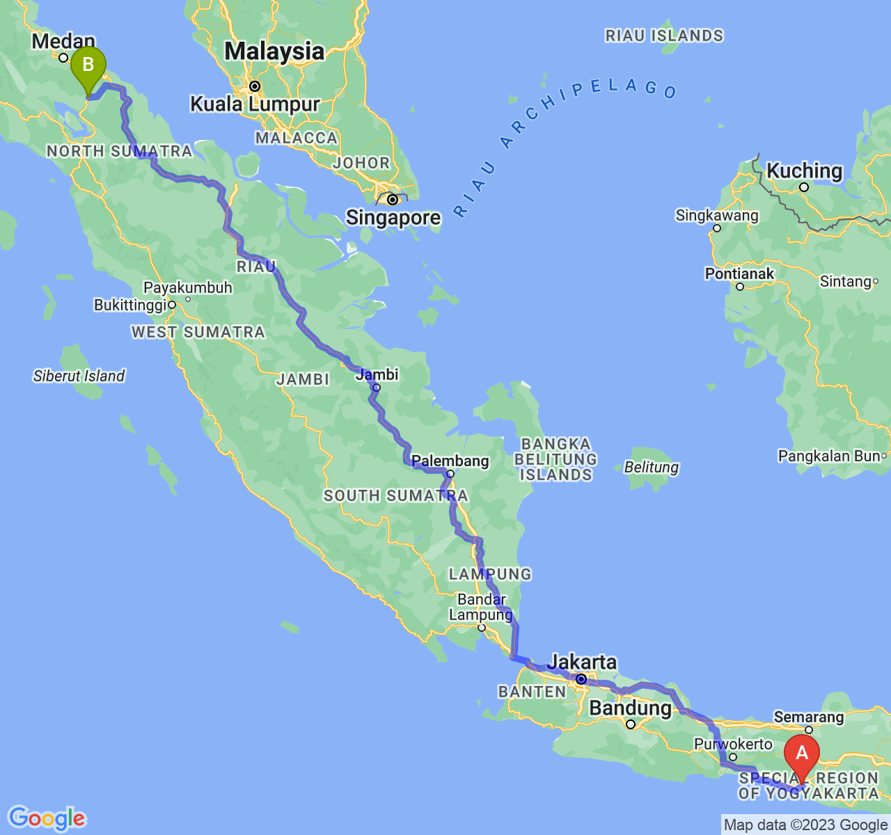 perjalanan dengan rute Kab. Bantul-Kota Pematangsiantar