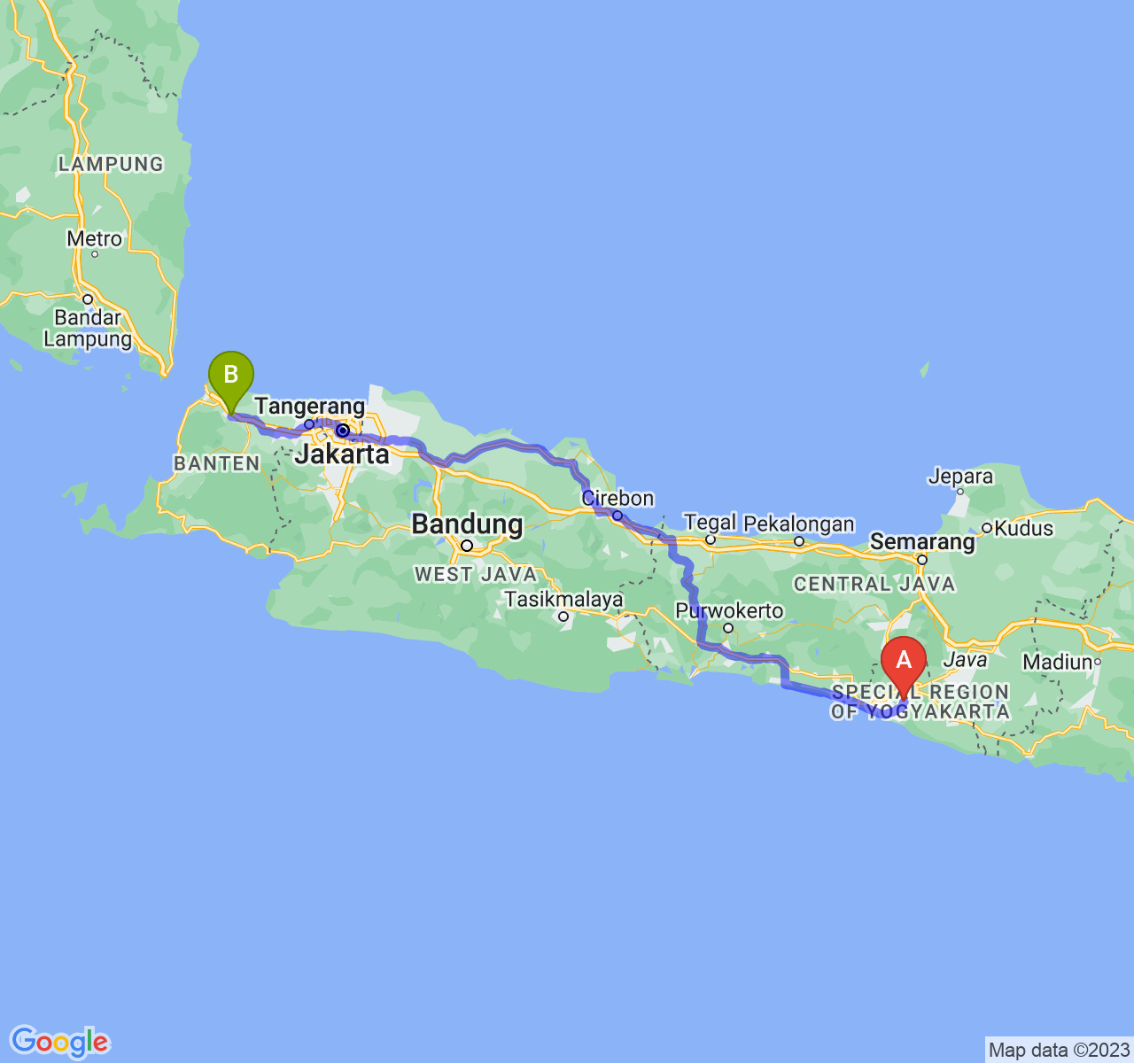 perjalanan dengan rute Kab. Bantul-Kota Serang