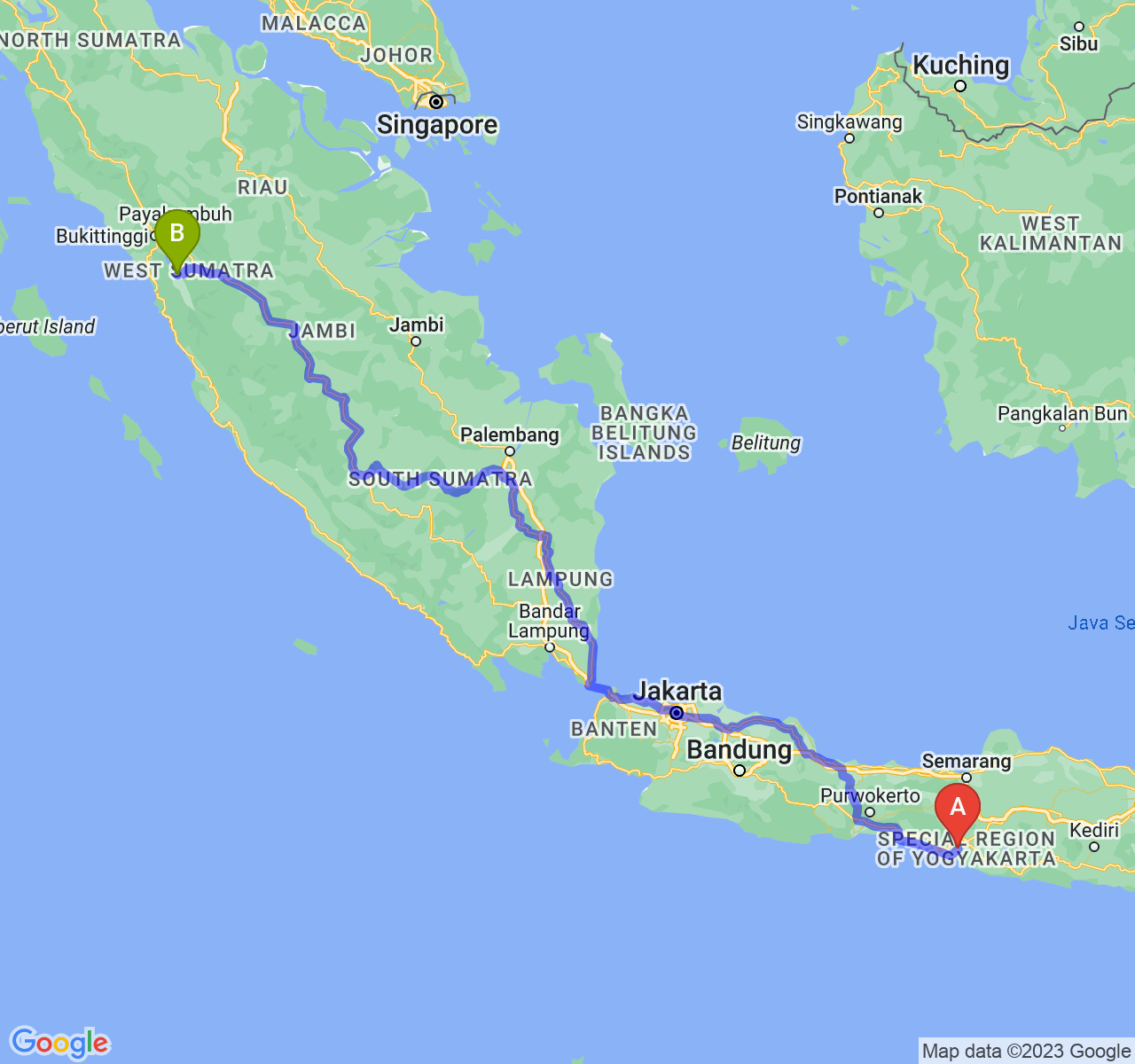 perjalanan dengan rute Kab. Bantul-Kota Solok