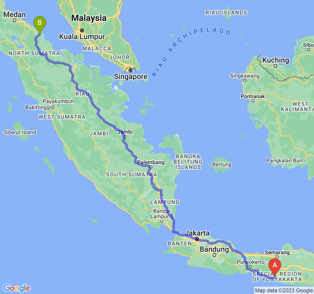 perjalanan dengan rute Kab. Bantul-Kota Tanjung Balai