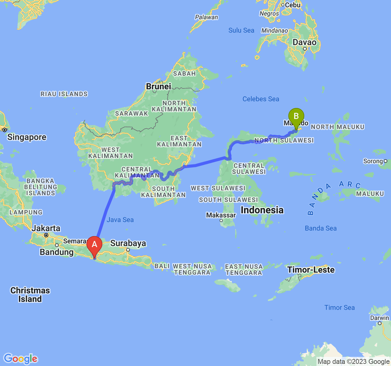 perjalanan dengan rute Kab. Bantul-Kota Tomohon