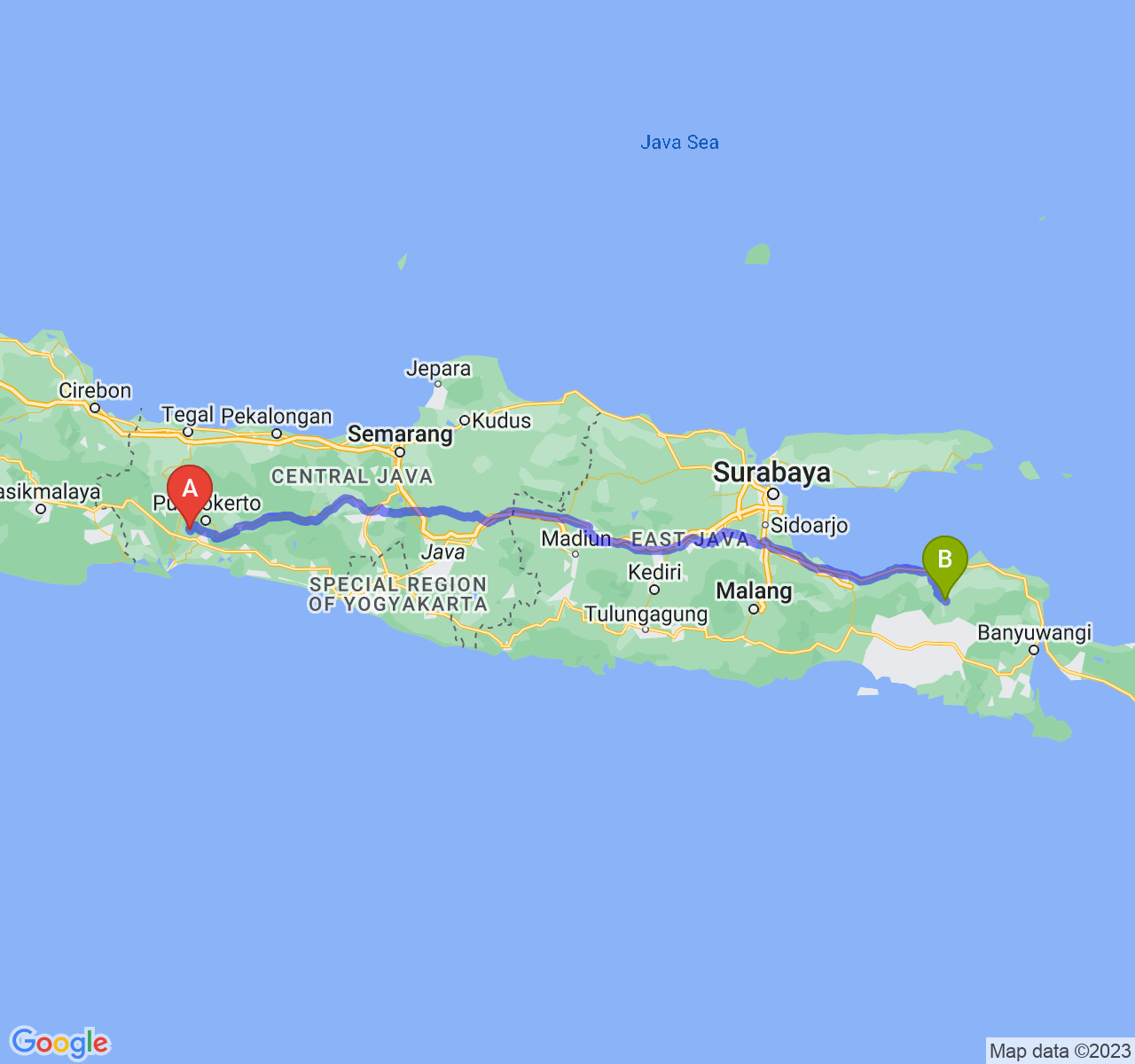 perjalanan dengan rute Kab. Banyumas-Kab. Bondowoso