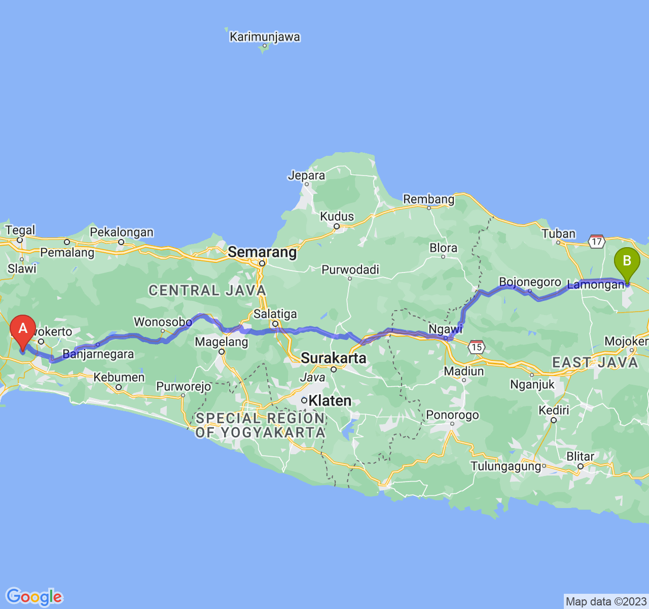 perjalanan dengan rute Kab. Banyumas-Kab. Lamongan