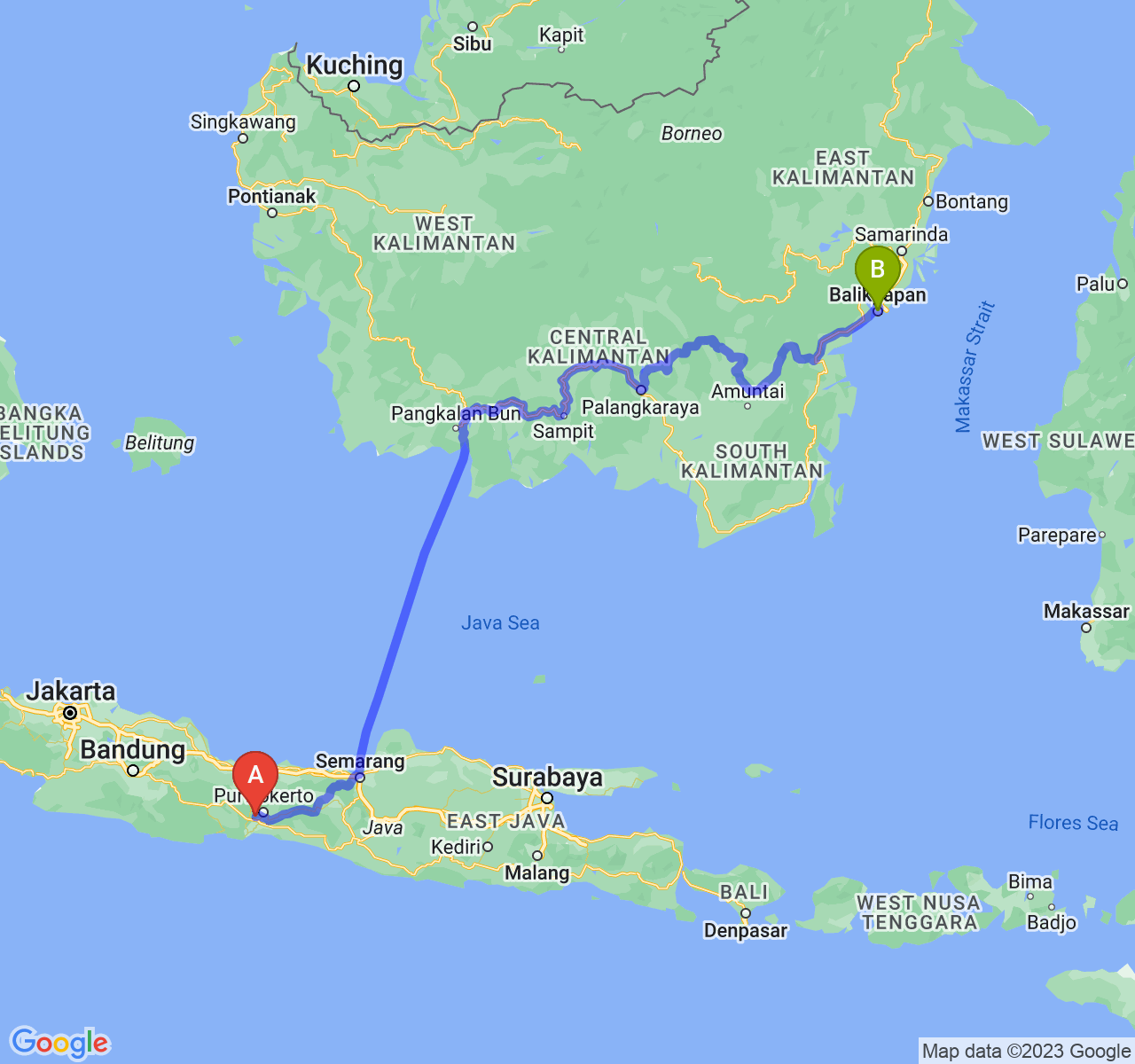 perjalanan dengan rute Kab. Banyumas-Kota Balikpapan