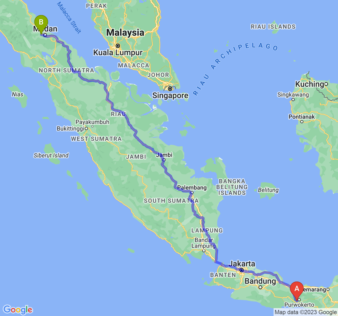 perjalanan dengan rute Kab. Banyumas-Kota Binjai