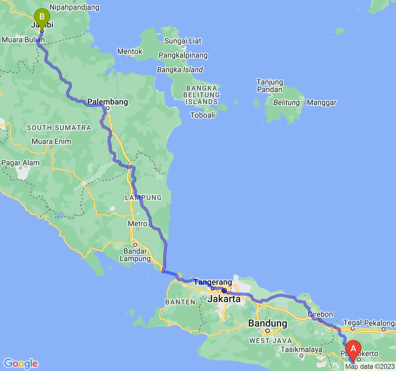 perjalanan dengan rute Kab. Banyumas-Kota Jambi