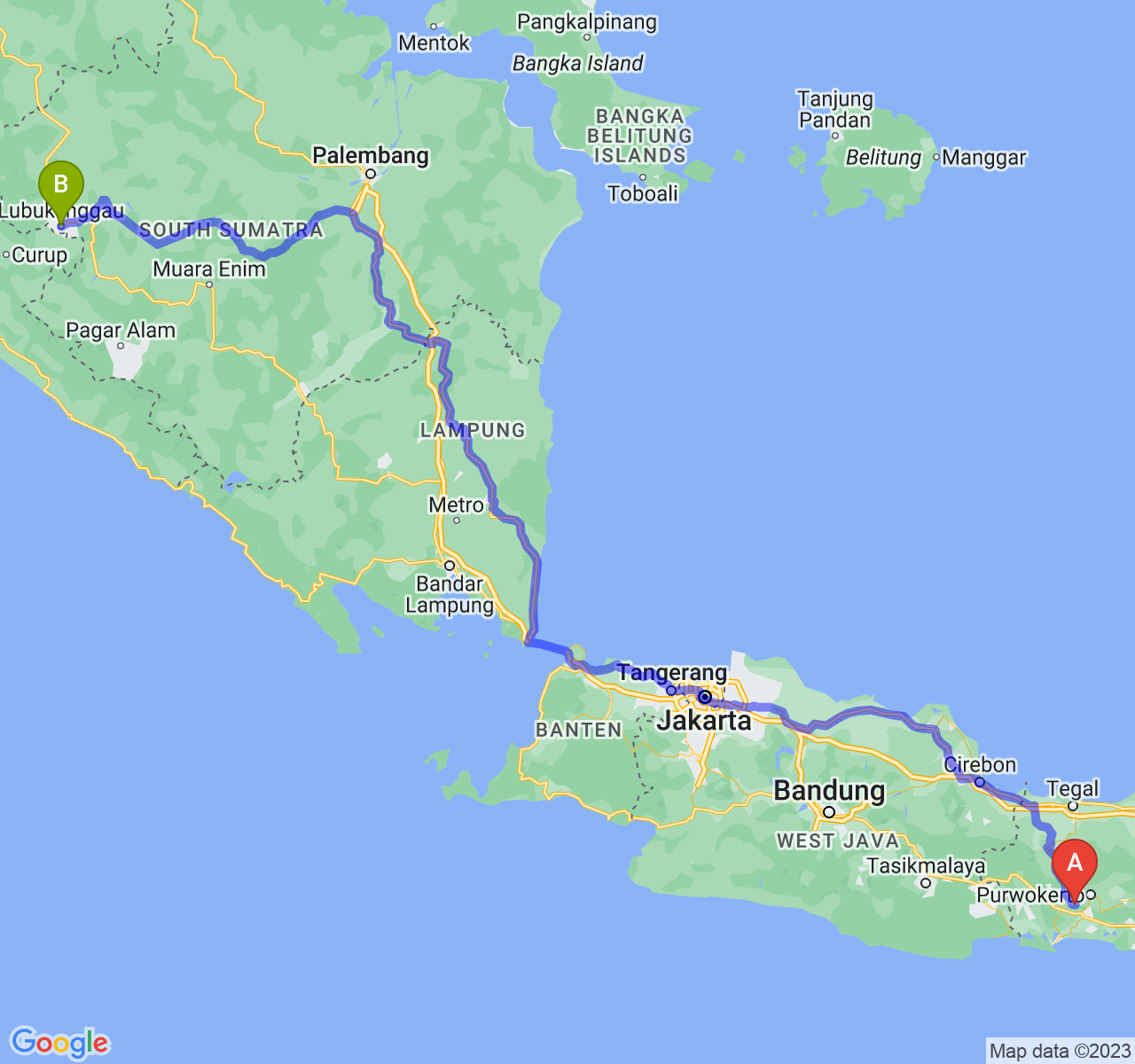 perjalanan dengan rute Kab. Banyumas-Kota Lubuk Linggau