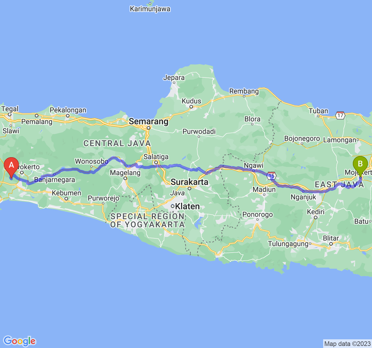 perjalanan dengan rute Kab. Banyumas-Kota Mojokerto