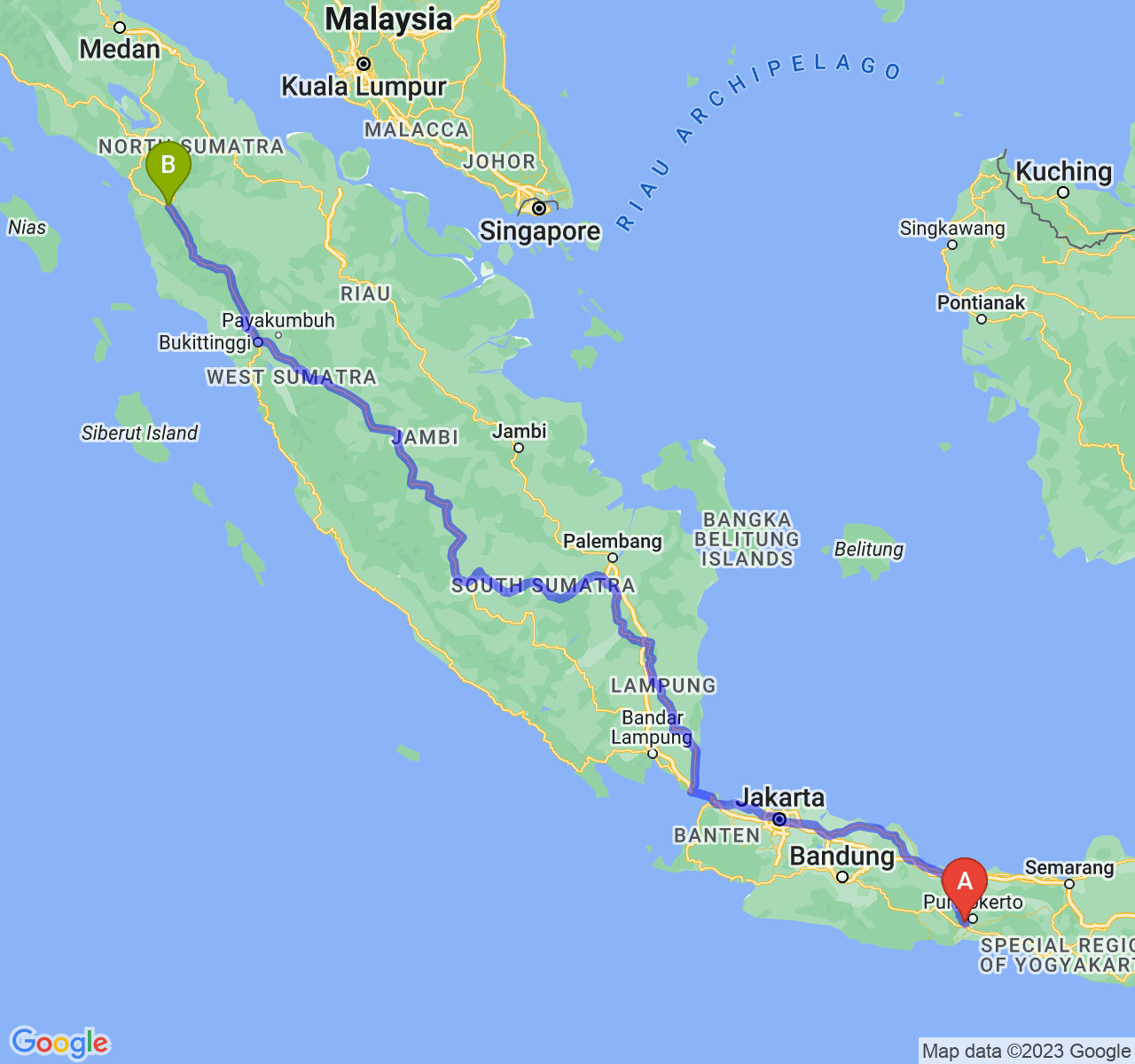 perjalanan dengan rute Kab. Banyumas-Kota Padang Sidimpuan