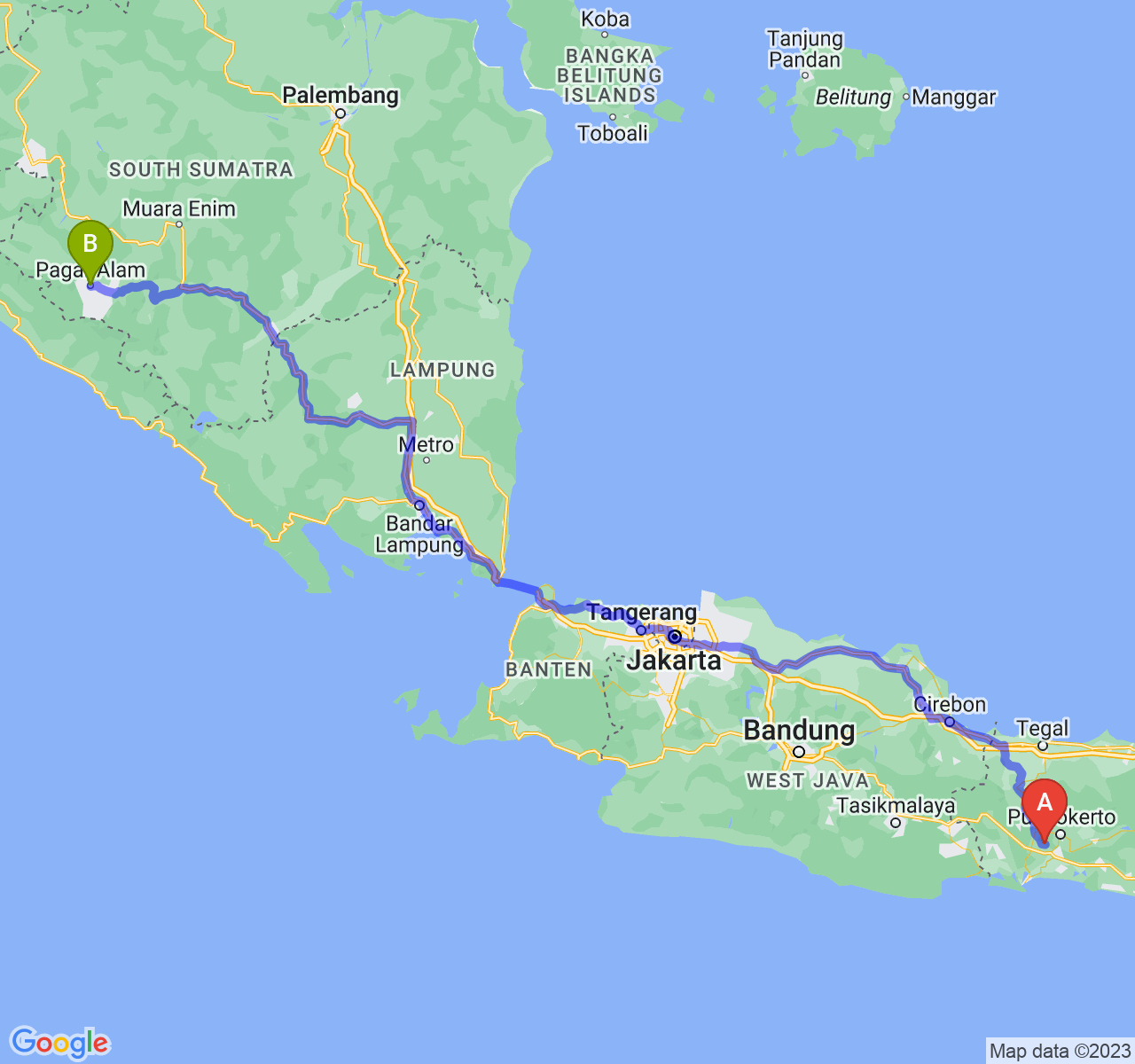 perjalanan dengan rute Kab. Banyumas-Kota Pagar Alam