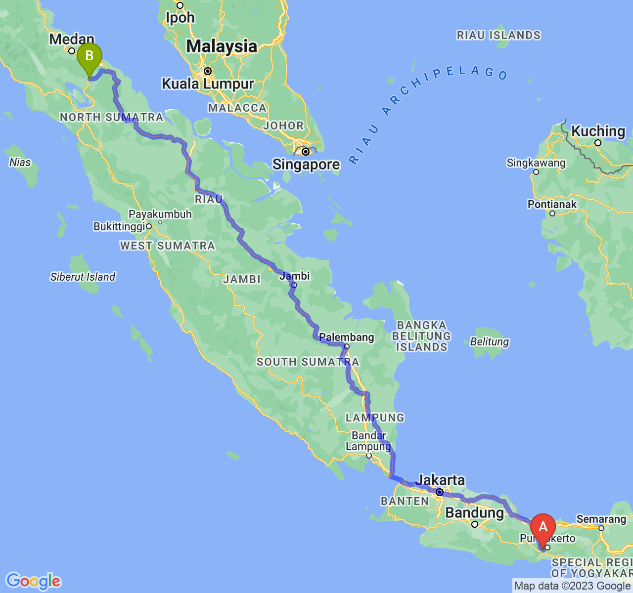 perjalanan dengan rute Kab. Banyumas-Kota Pematangsiantar