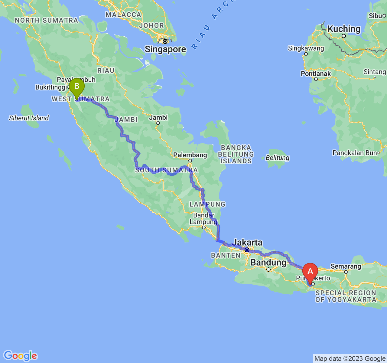 perjalanan dengan rute Kab. Banyumas-Kota Solok