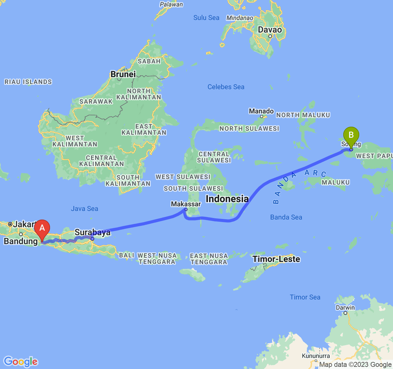 perjalanan dengan rute Kab. Banyumas-Kota Sorong