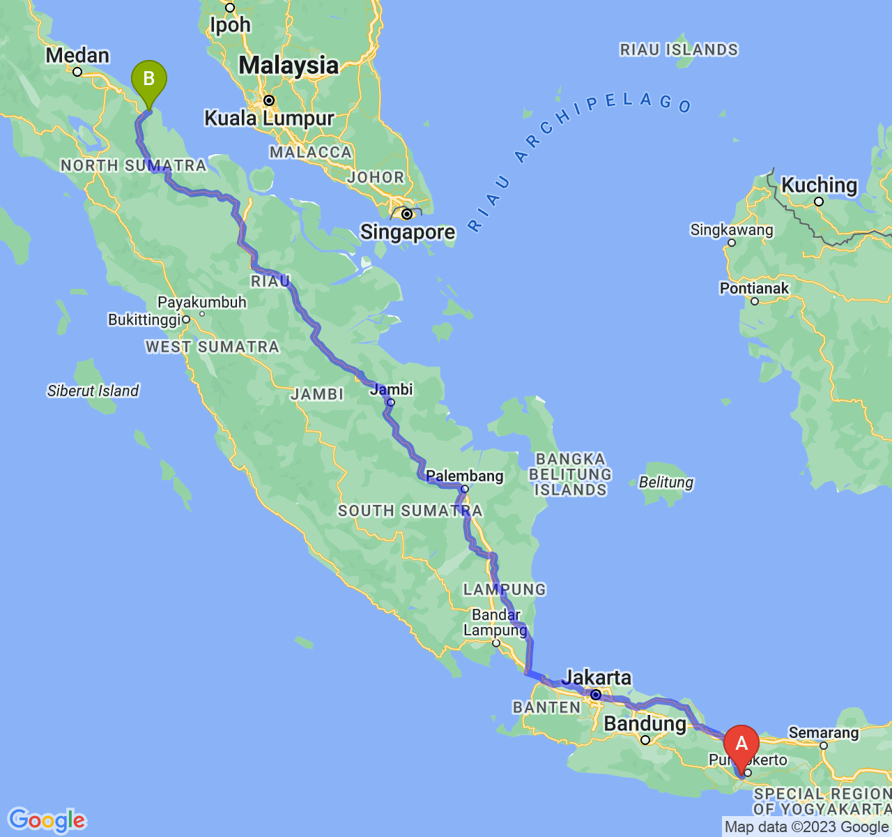 perjalanan dengan rute Kab. Banyumas-Kota Tanjung Balai