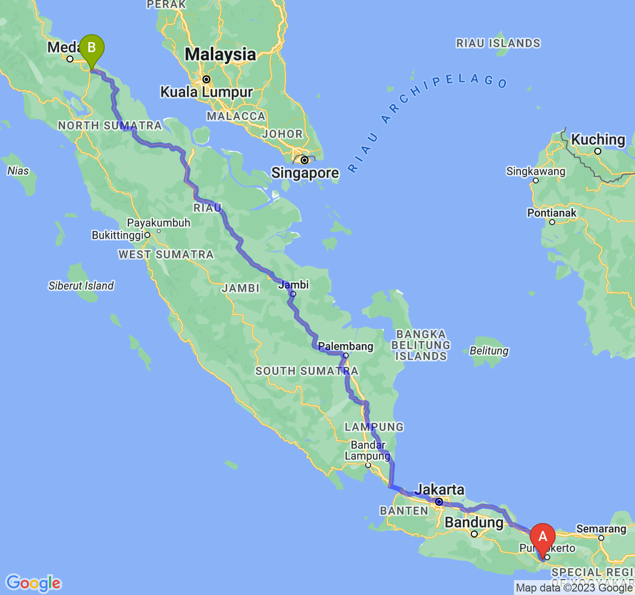 perjalanan dengan rute Kab. Banyumas-Kota Tebing Tinggi