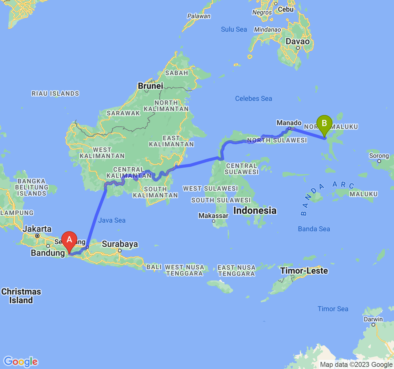 perjalanan dengan rute Kab. Banyumas-Kota Ternate