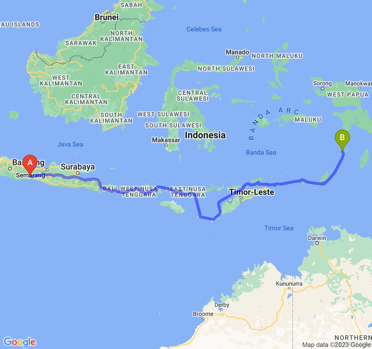 perjalanan dengan rute Kab. Banyumas-Kota Tual