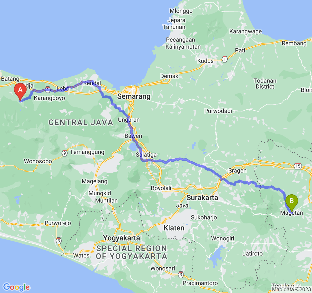 perjalanan dengan rute Kab. Batang-Kab. Magetan