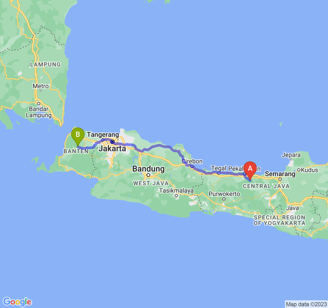 perjalanan dengan rute Kab. Batang-Kab. Pandeglang