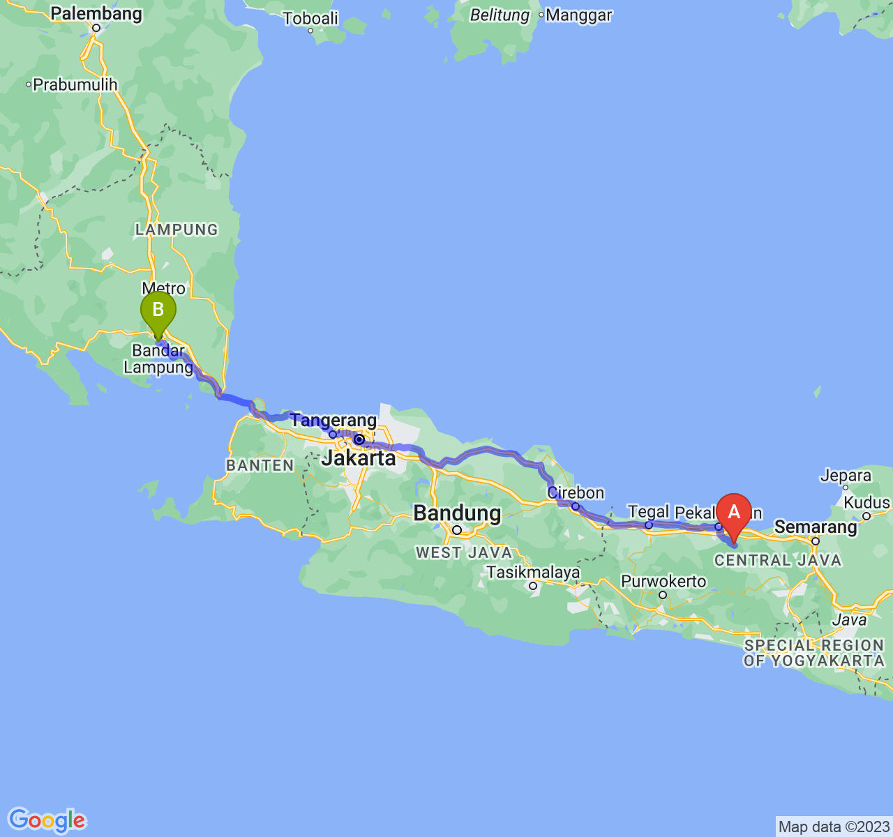 perjalanan dengan rute Kab. Batang-Kota Bandar Lampung