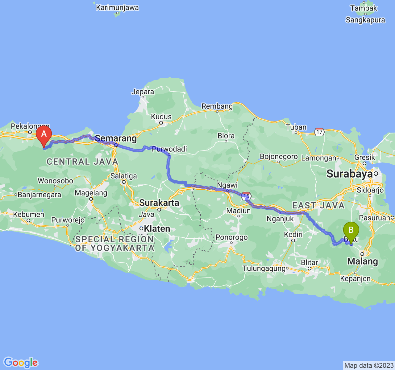 perjalanan dengan rute Kab. Batang-Kota Batu