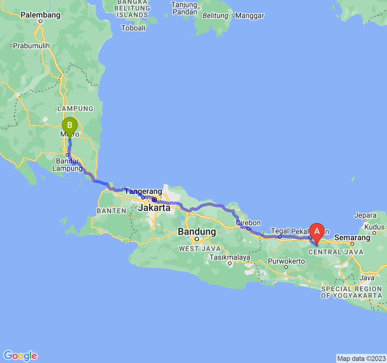 perjalanan dengan rute Kab. Batang-Kota Metro