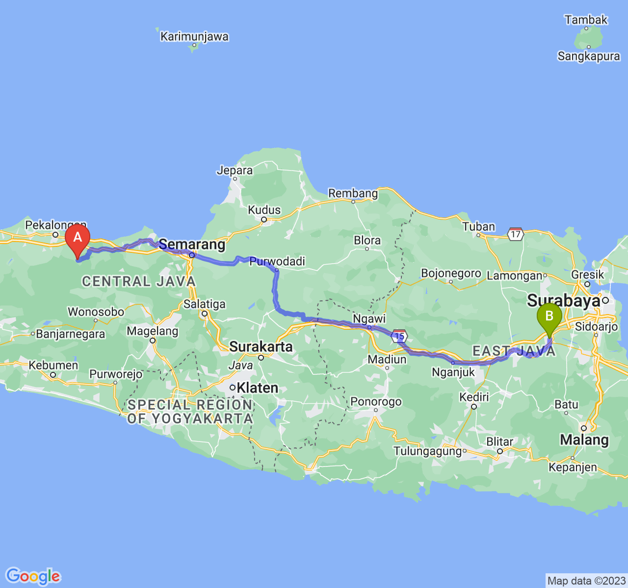 perjalanan dengan rute Kab. Batang-Kota Mojokerto