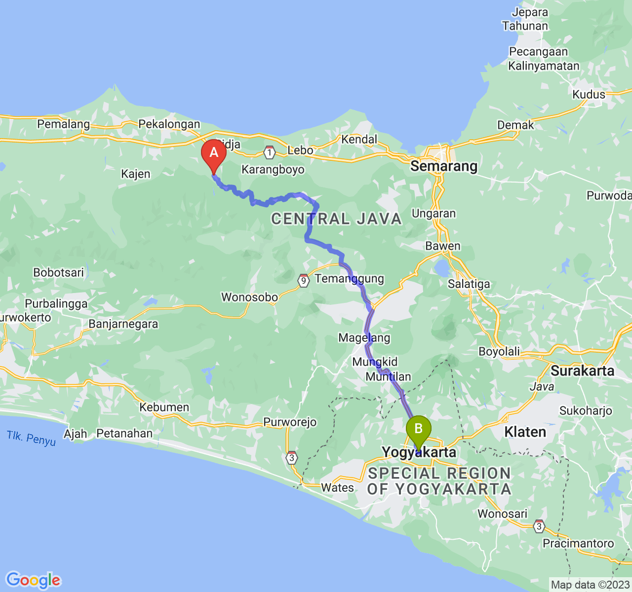 perjalanan dengan rute Kab. Batang-Kota Yogyakarta