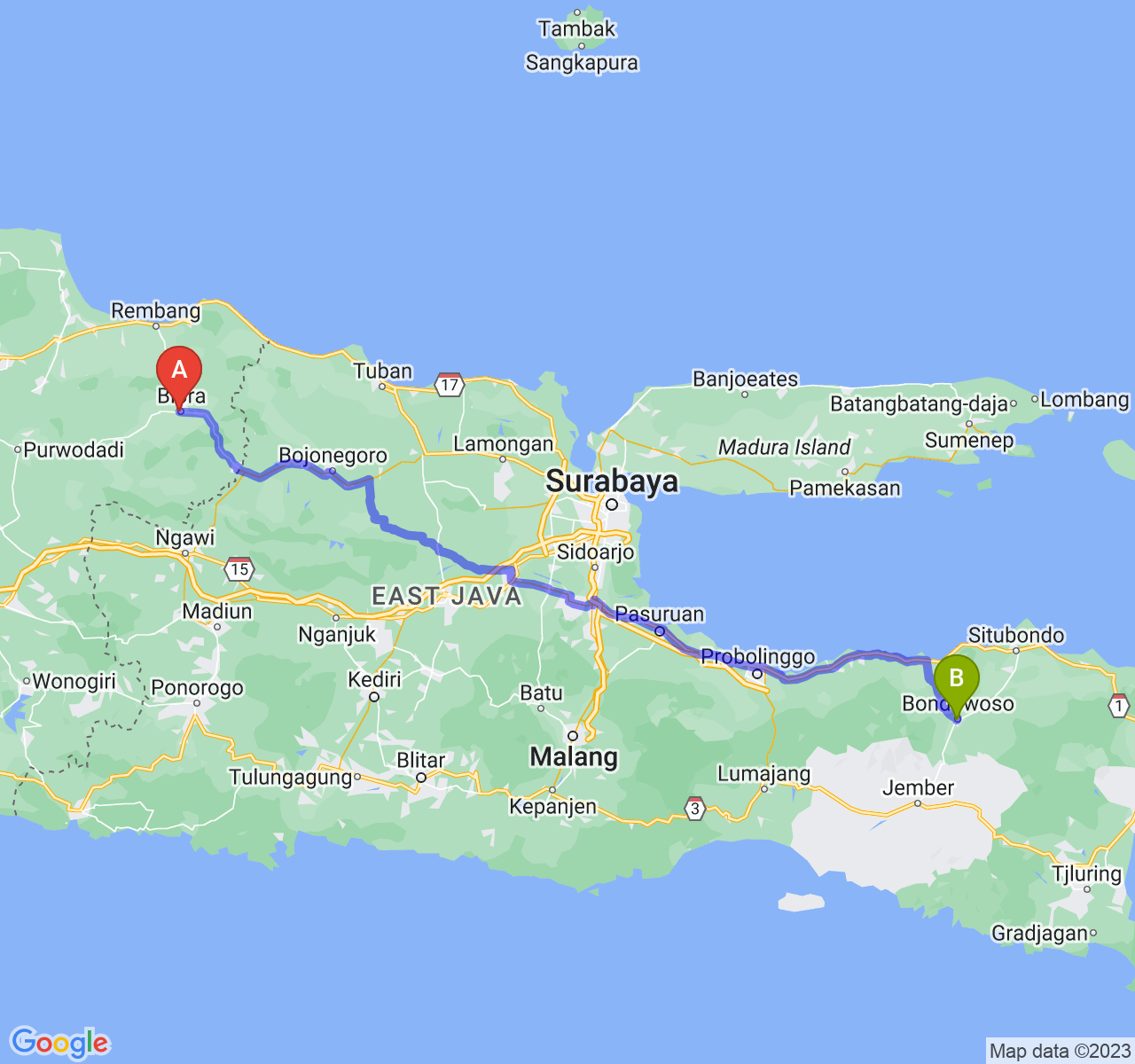 perjalanan dengan rute Kab. Blora-Kab. Bondowoso