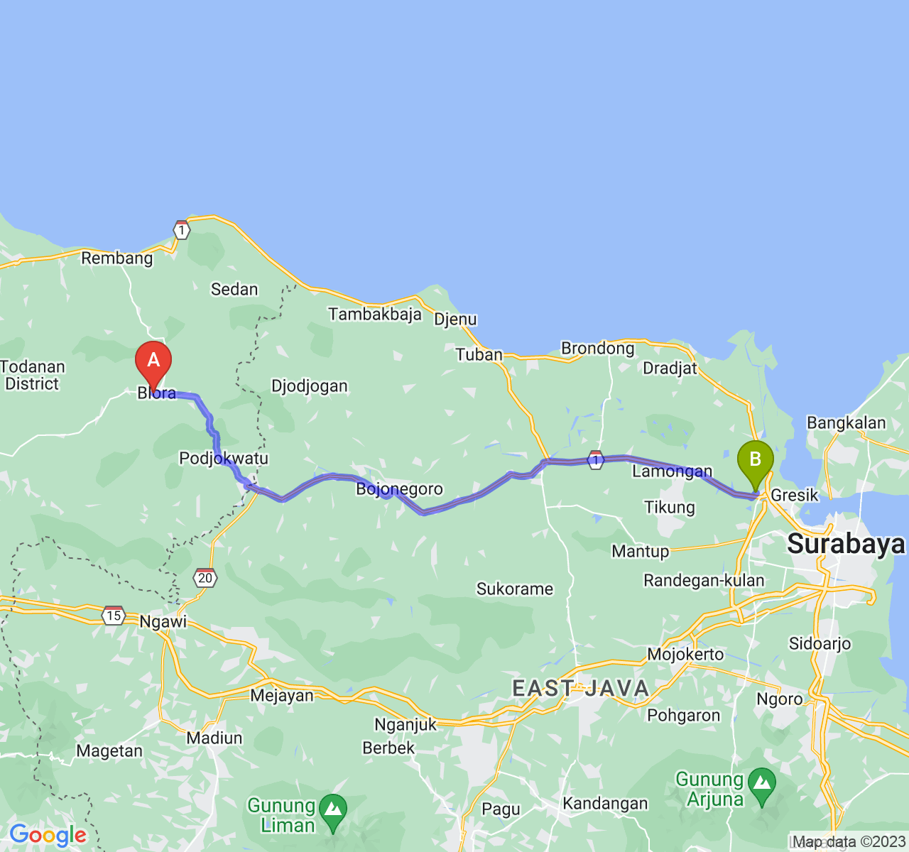 perjalanan dengan rute Kab. Blora-Kab. Gresik