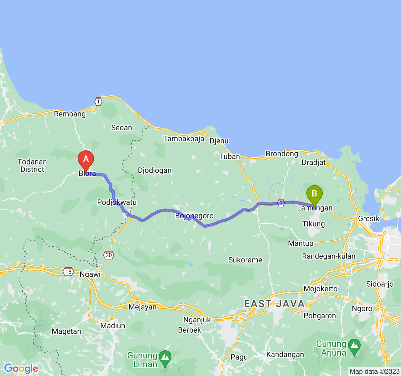 perjalanan dengan rute Kab. Blora-Kab. Lamongan