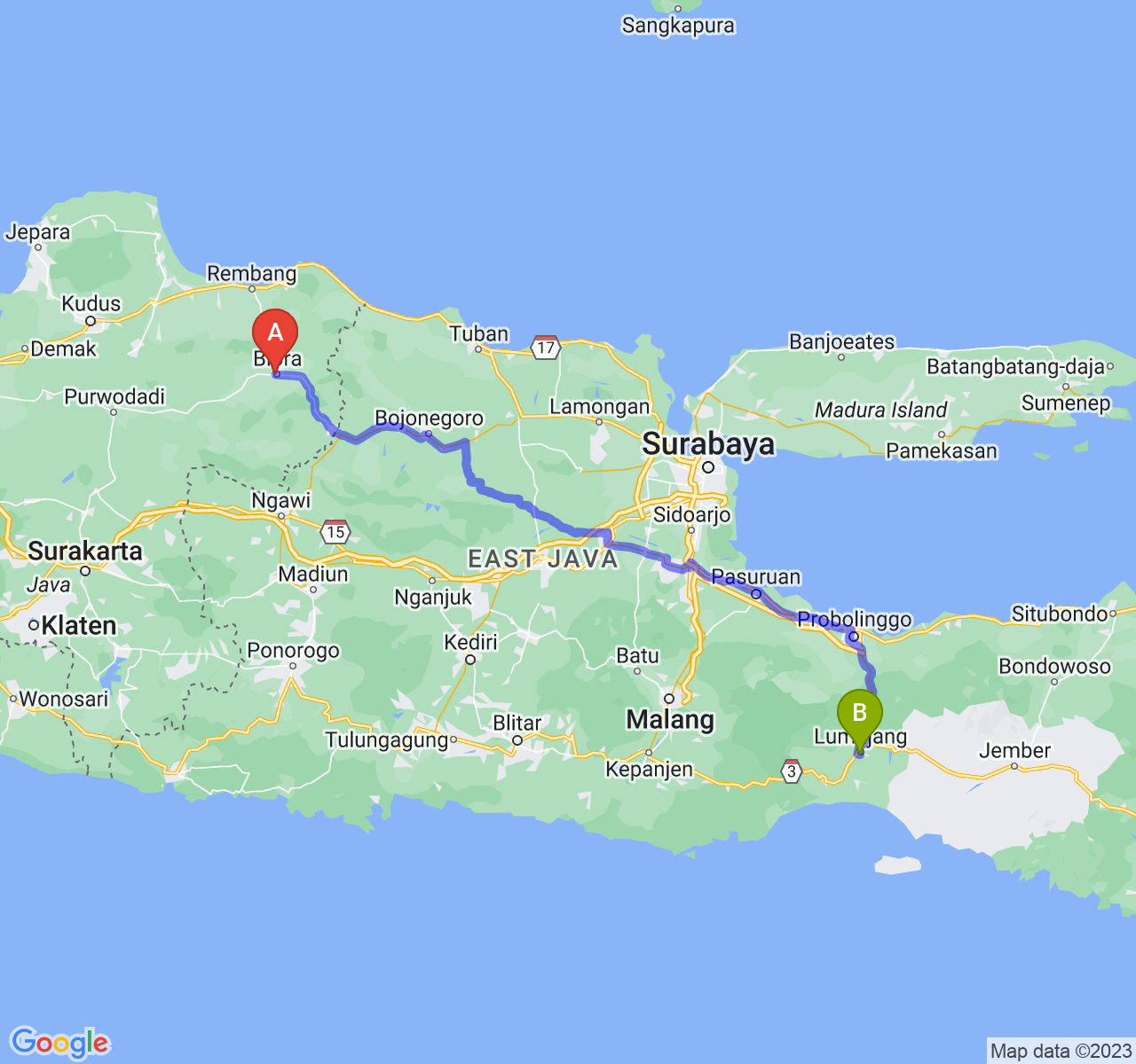 perjalanan dengan rute Kab. Blora-Kab. Lumajang