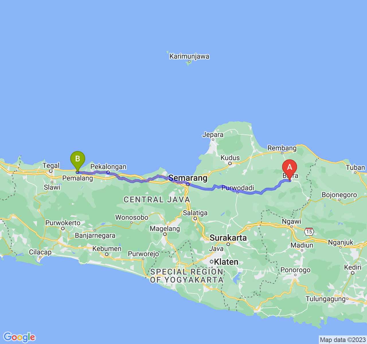 perjalanan dengan rute Kab. Blora-Kab. Pemalang