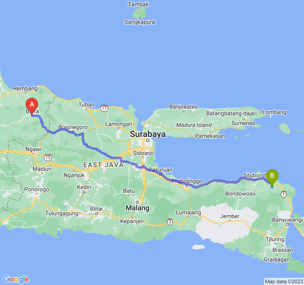 perjalanan dengan rute Kab. Blora-Kab. Situbondo