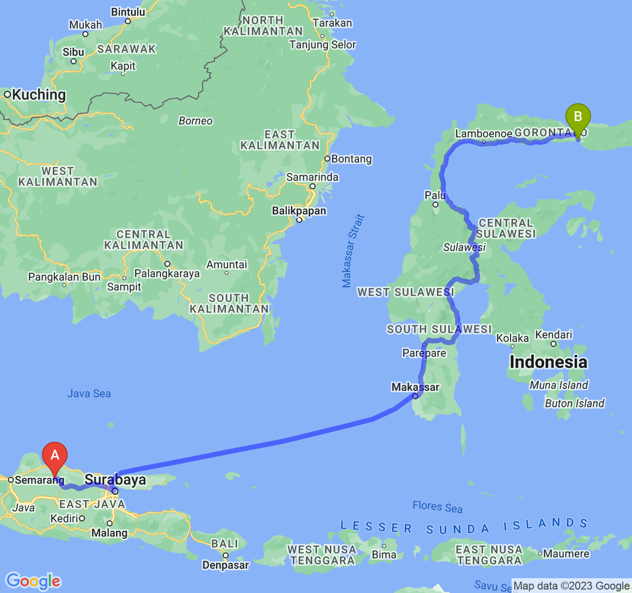 perjalanan dengan rute Kab. Blora-Kota Gorontalo