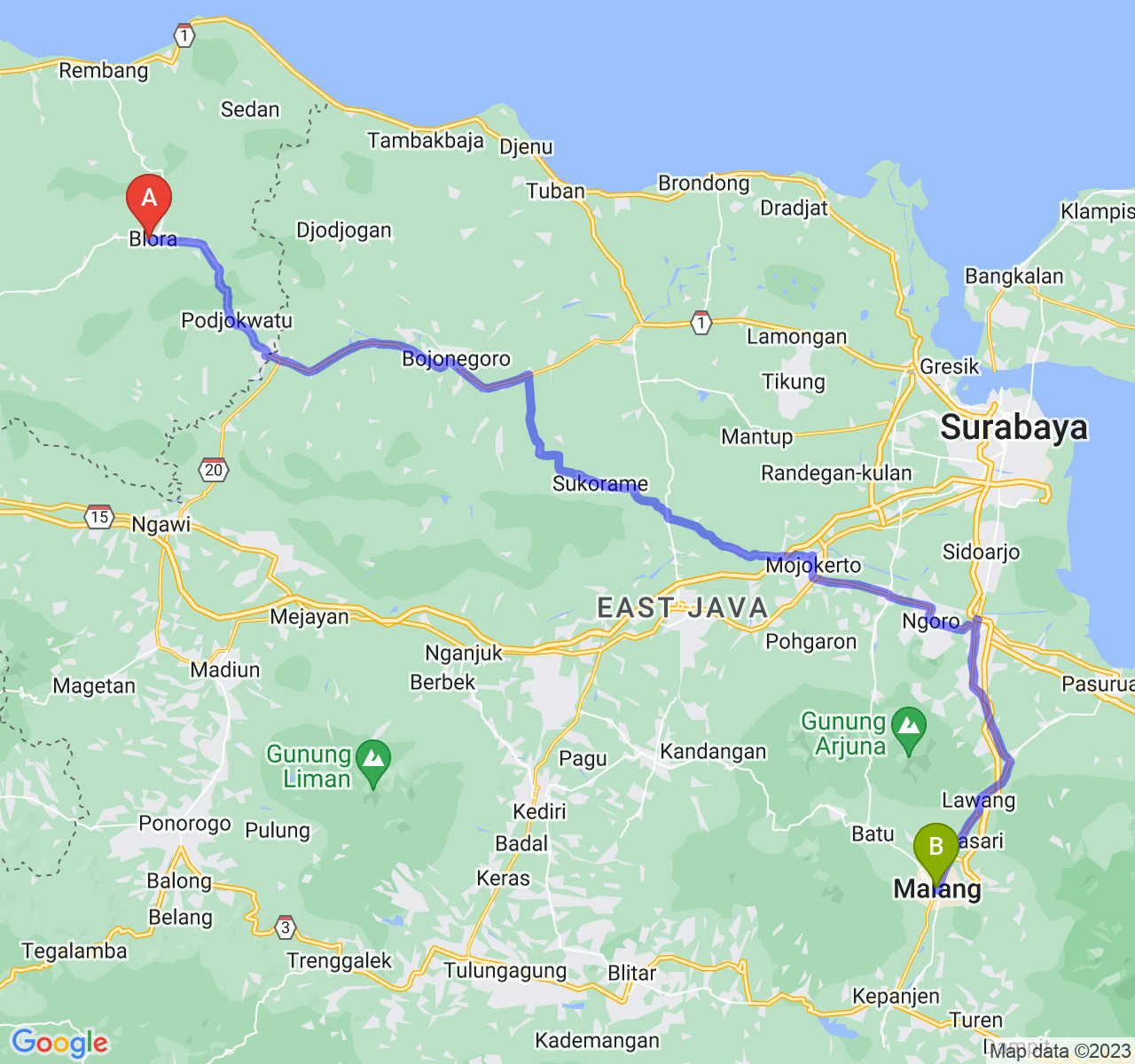 perjalanan dengan rute Kab. Blora-Kota Malang