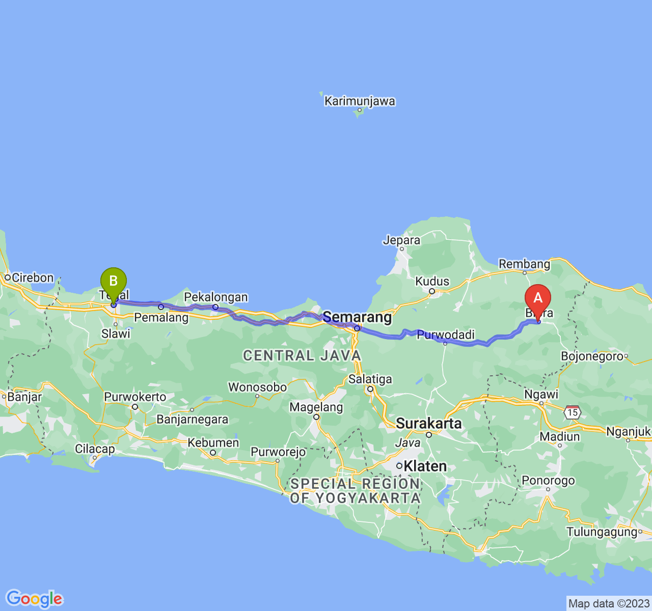 perjalanan dengan rute Kab. Blora-Kota Tegal