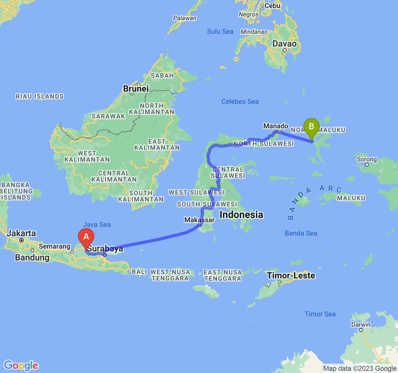 perjalanan dengan rute Kab. Blora-Kota Ternate