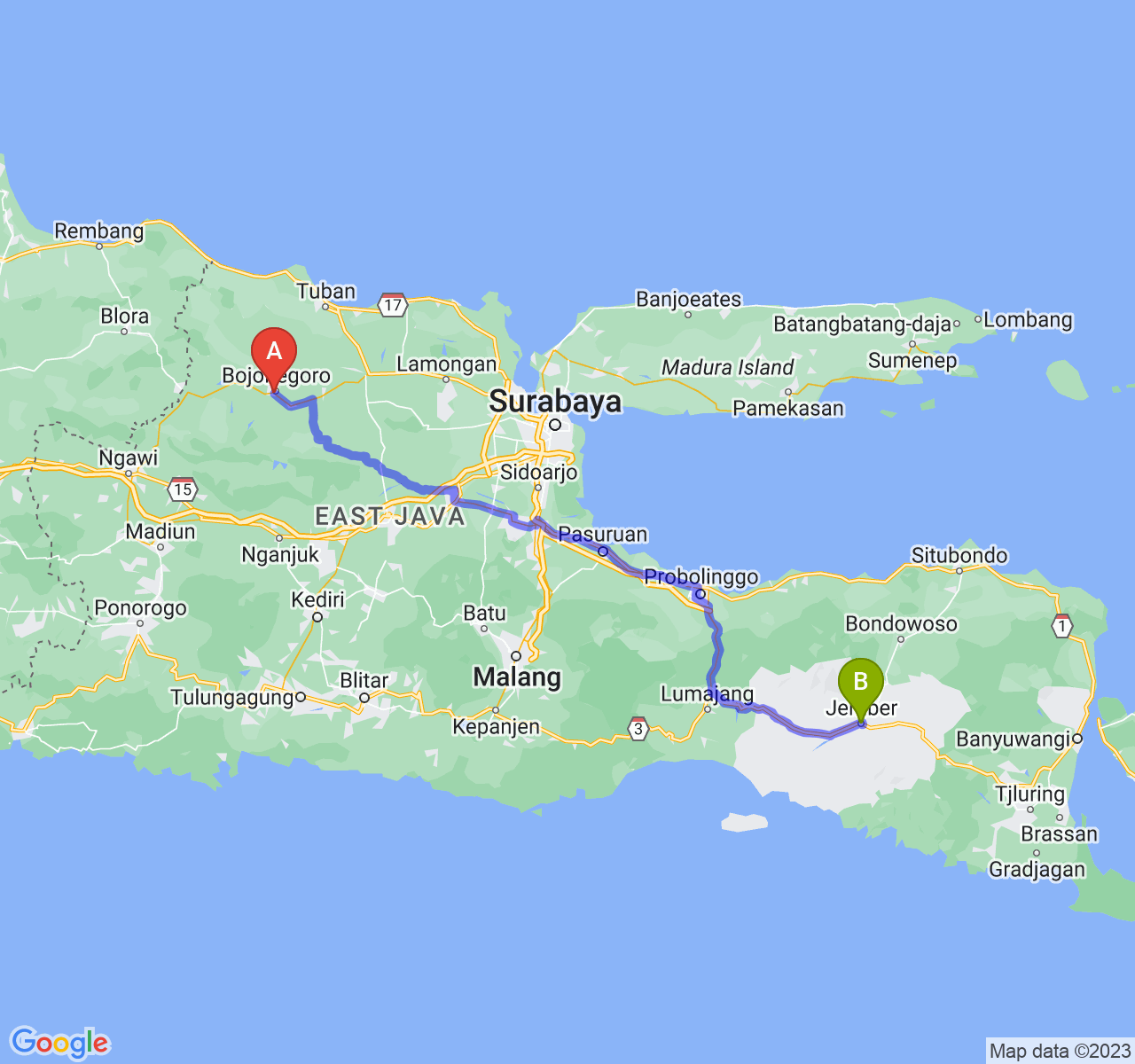 perjalanan dengan rute Kab. Bojonegoro-Kab. Jember