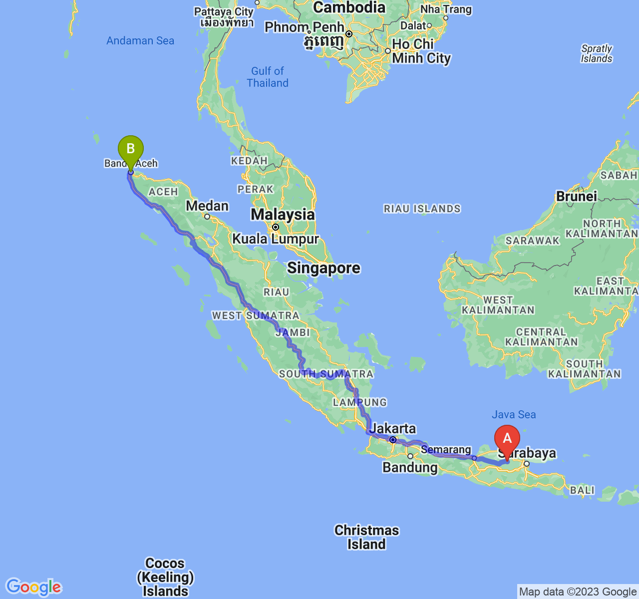 perjalanan dengan rute Kab. Bojonegoro-Kota Banda Aceh