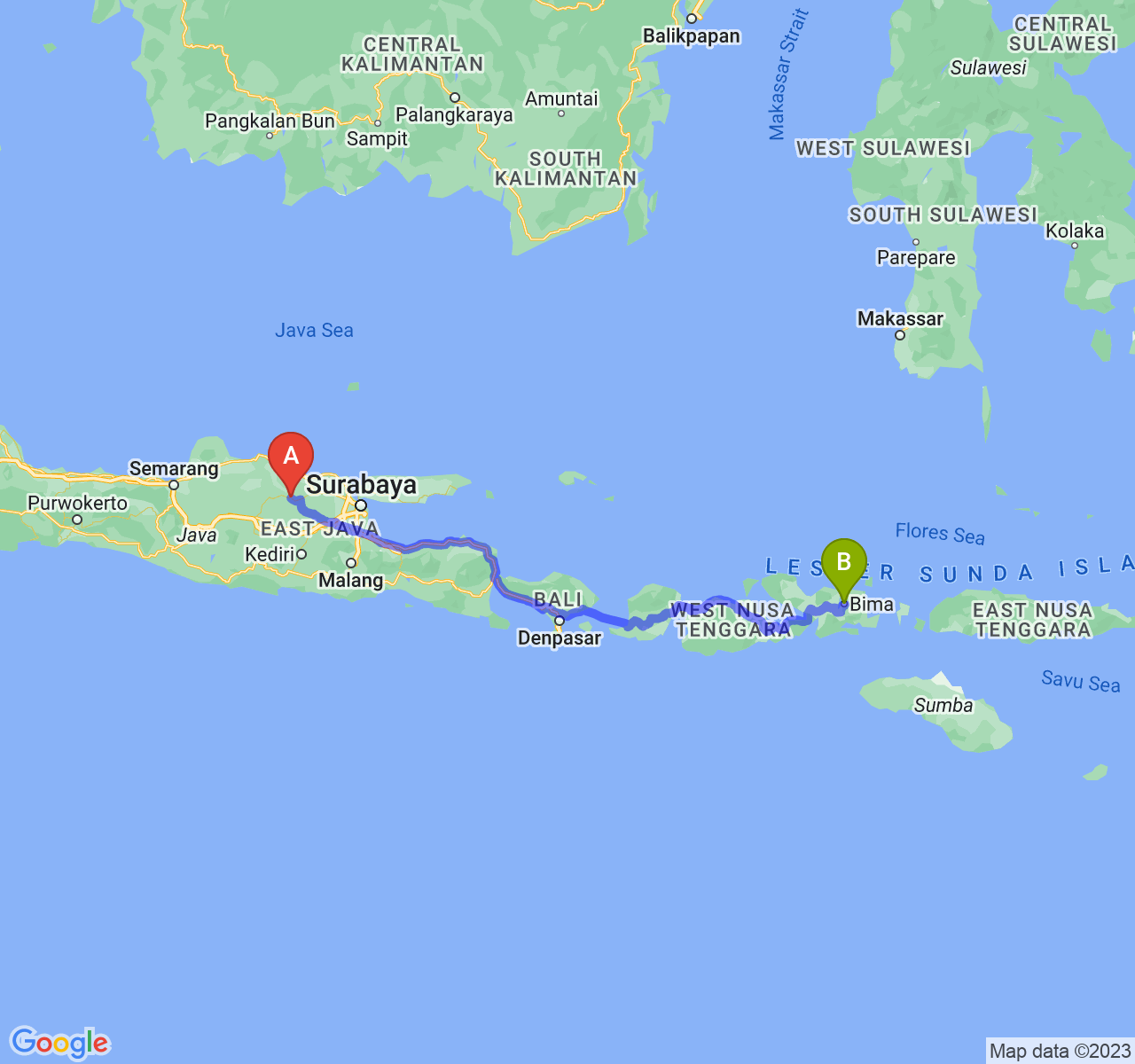 perjalanan dengan rute Kab. Bojonegoro-Kota Bima